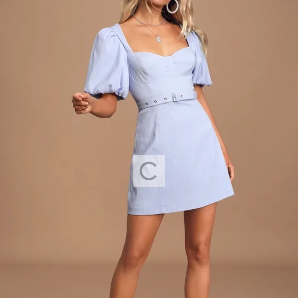 Lulu’s Dedication to Detail Light Blue Puff Sleeve Belted Mini Dress